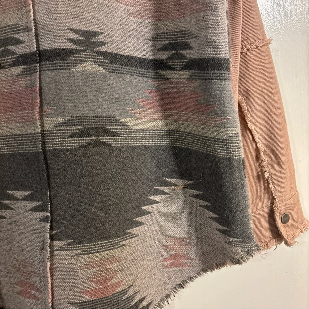 Mystree Womens S Western Wool Bl Blanket Denim Raw Edge Snap Pink Shacket Jacket